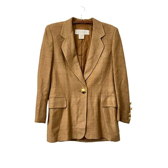 Escada by Margaretha Ley Tan Silk Woven One Button Longline Blazer Size EU38 USM - Picture 1 of 5